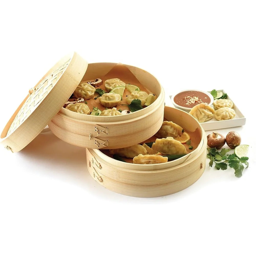 Bamboo Steamer Twin Tier Stackable Premium Kitchen Cookware Vegetables Dumplings