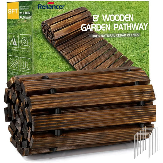 RELIANCER 8' Wooden Garden Pathway,Outdoor Roll Out Cedar Straight Walkway,Patio Path Decorative Garden Boardwalk Walkways,Weath