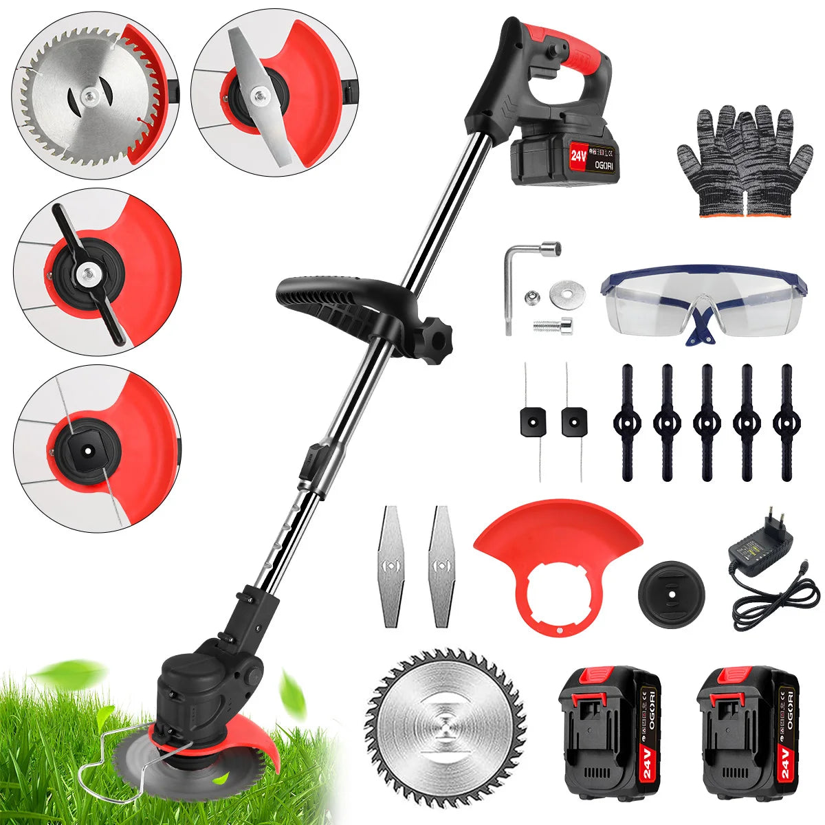 Cordless Electric Lawn Mower With Two Batteries And Trimmer
