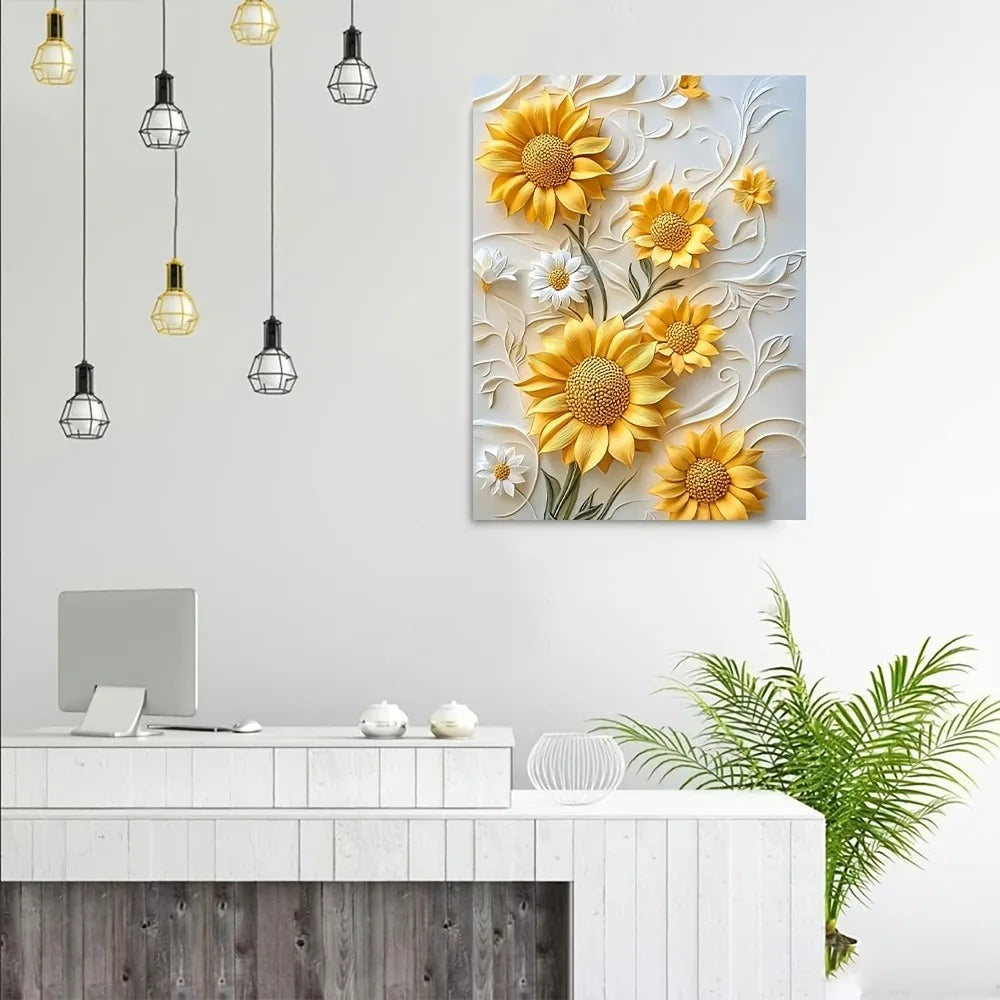 3D Relief Sunflower Canvas Art With Wood Frame Wall Decor