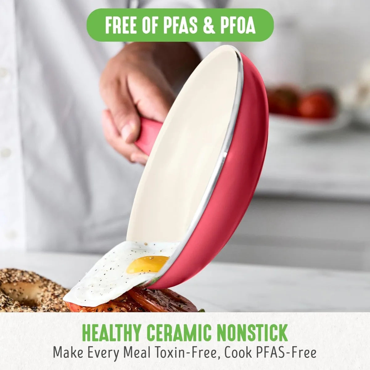 PFAS Free Nonstick Cookware Set 16 Piece With Ceramic Coating Oven Safe Stay Cool Handles And Glass Lids Red