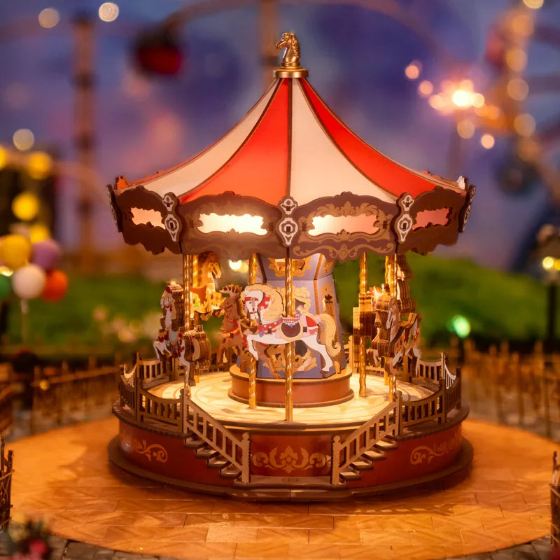 Robotime 3D HandcraftedWooden Carousel Puzzle Music Box LED MulticolorLEDIllumination