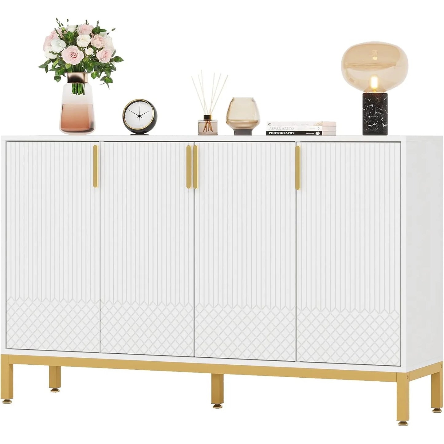 Modern 59 Inch Console Buffet Cabinet With Gold Metal Base