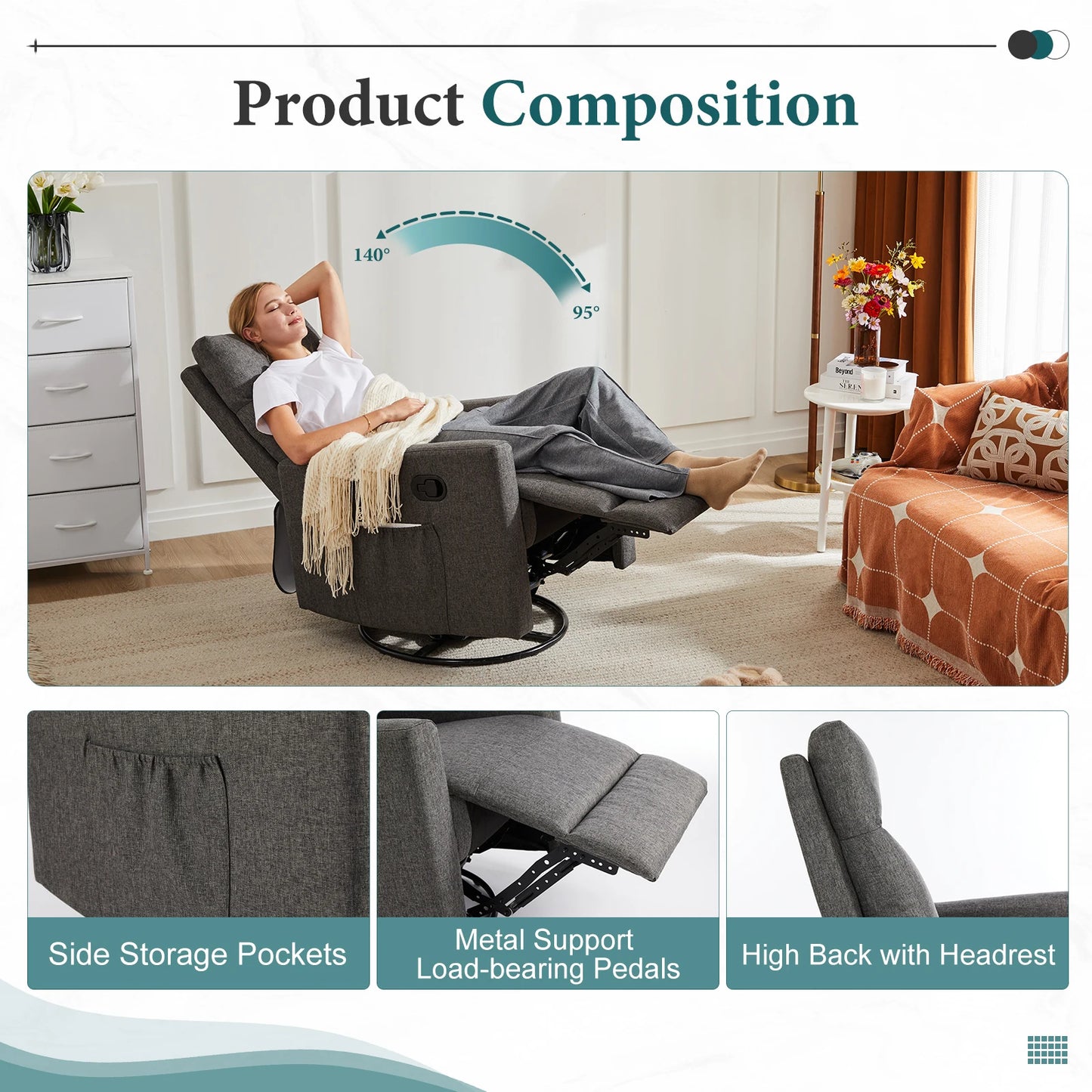 JHK Swivel Rocking Recliner Sofa With Extra Large Footrest