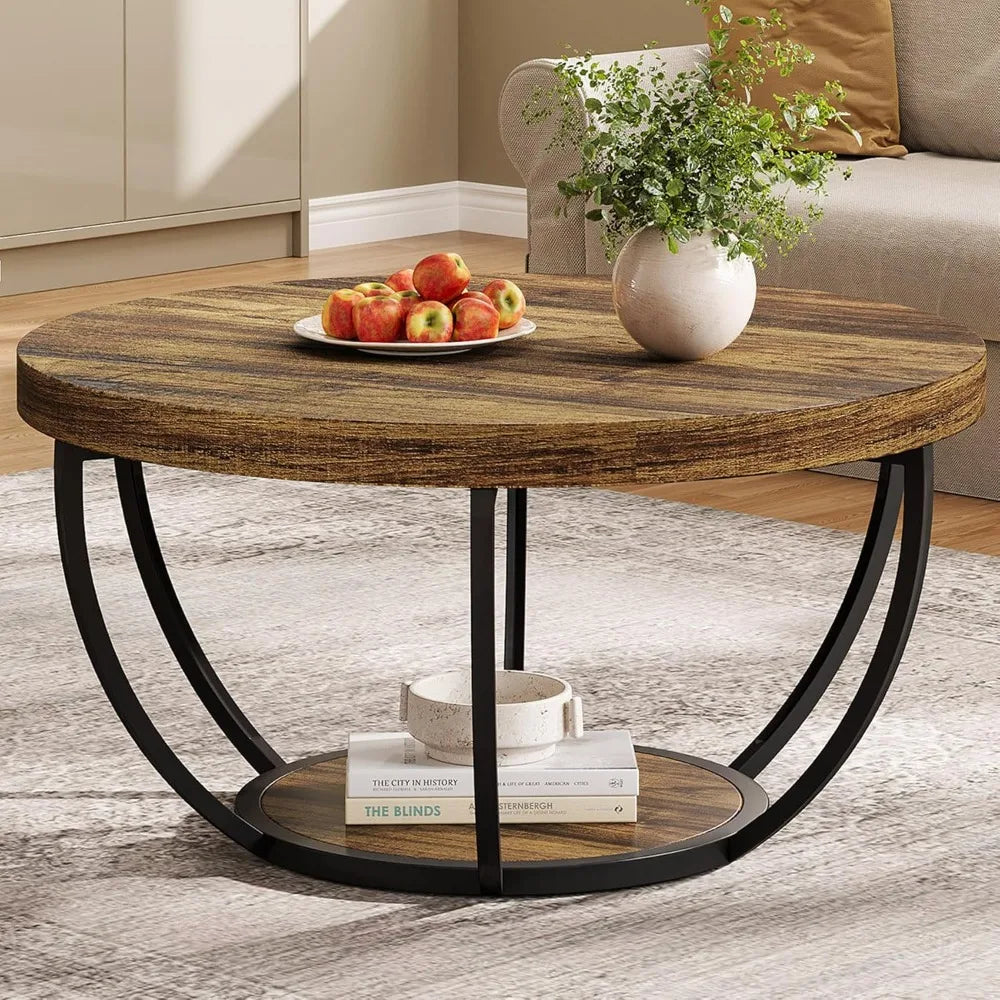Round Coffee Table, 31.7" Wooden 2-Tier Circle Coffee Table with Storage Shelves, Modern Accent Table,Living Room Table