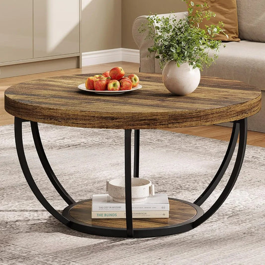 Round Coffee Table, 31.7" Wooden 2-Tier Circle Coffee Table with Storage Shelves, Modern Accent Table,Living Room Table