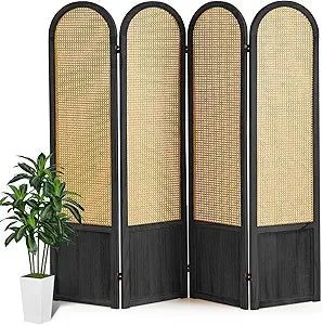 4 Panel Rattan Room Divider Folding Privacy Screen Wood
