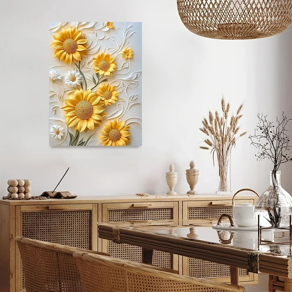 3D Relief Sunflower Canvas Art With Wood Frame Wall Decor