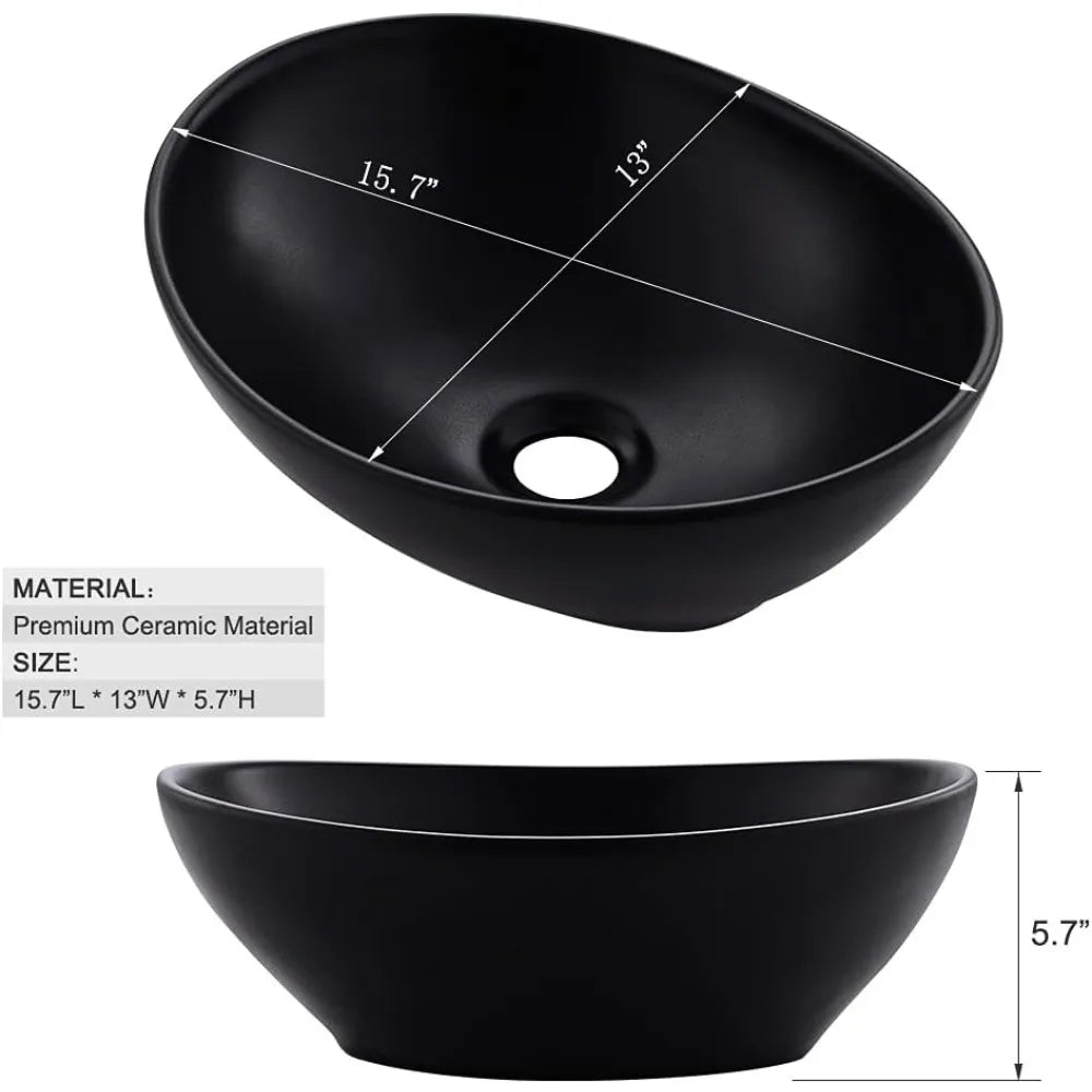 Matte Black Vessel Sink With Faucet Drain Ceramic Porcelain