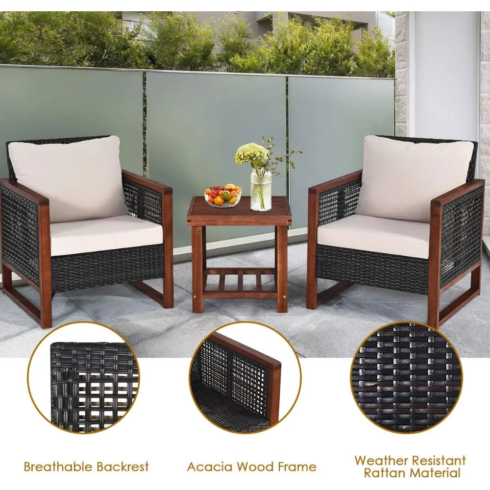 Beige Outdoor 3 Piece Wicker Patio Set With Coffee Table