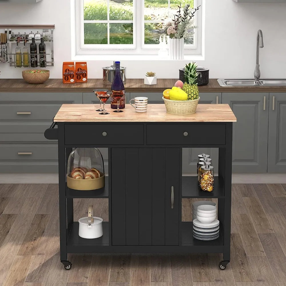 HOME. - Kitchen Islands on Wheels with Wood Top, Utility Wood Movable Kitchen Cart with Storage and Drawers, Black