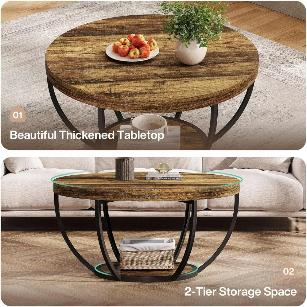 Round Coffee Table, 31.7" Wooden 2-Tier Circle Coffee Table with Storage Shelves, Modern Accent Table,Living Room Table
