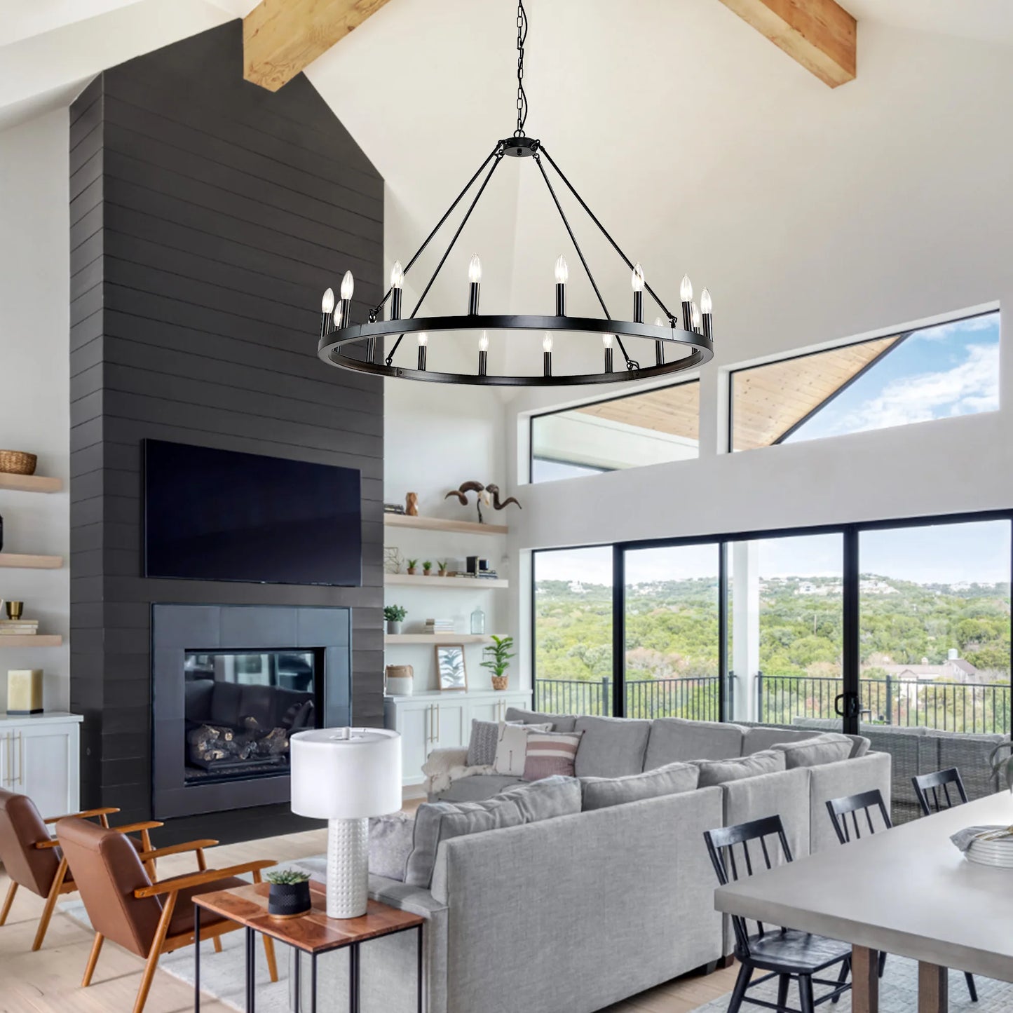 16 Light Wagon Wheel Chandelier Matte Farmhouse Pendant