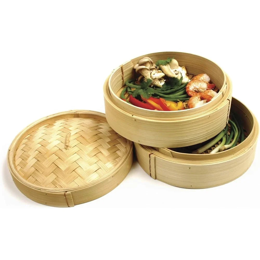 Bamboo Steamer Twin Tier Stackable Premium Kitchen Cookware Vegetables Dumplings