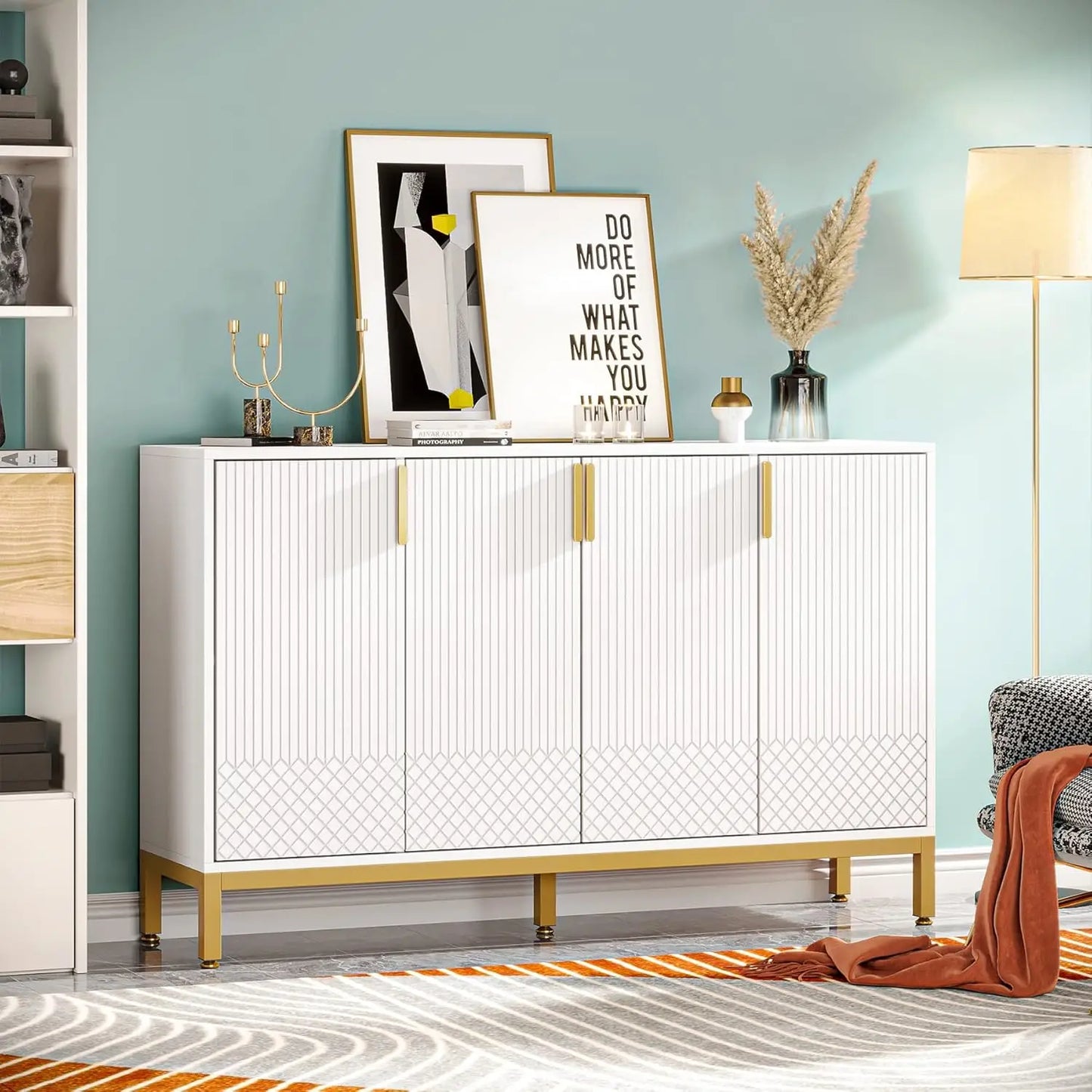 Modern 59 Inch Console Buffet Cabinet With Gold Metal Base