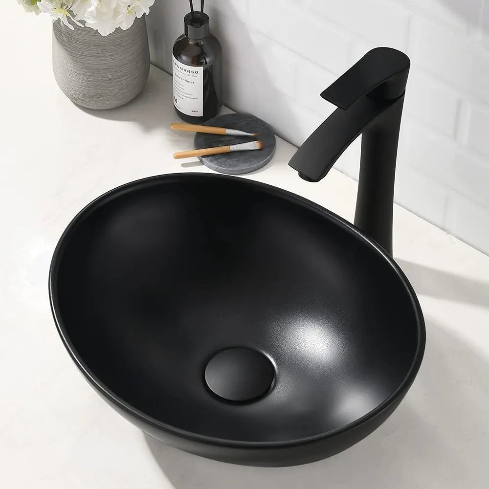 Matte Black Vessel Sink With Faucet Drain Ceramic Porcelain