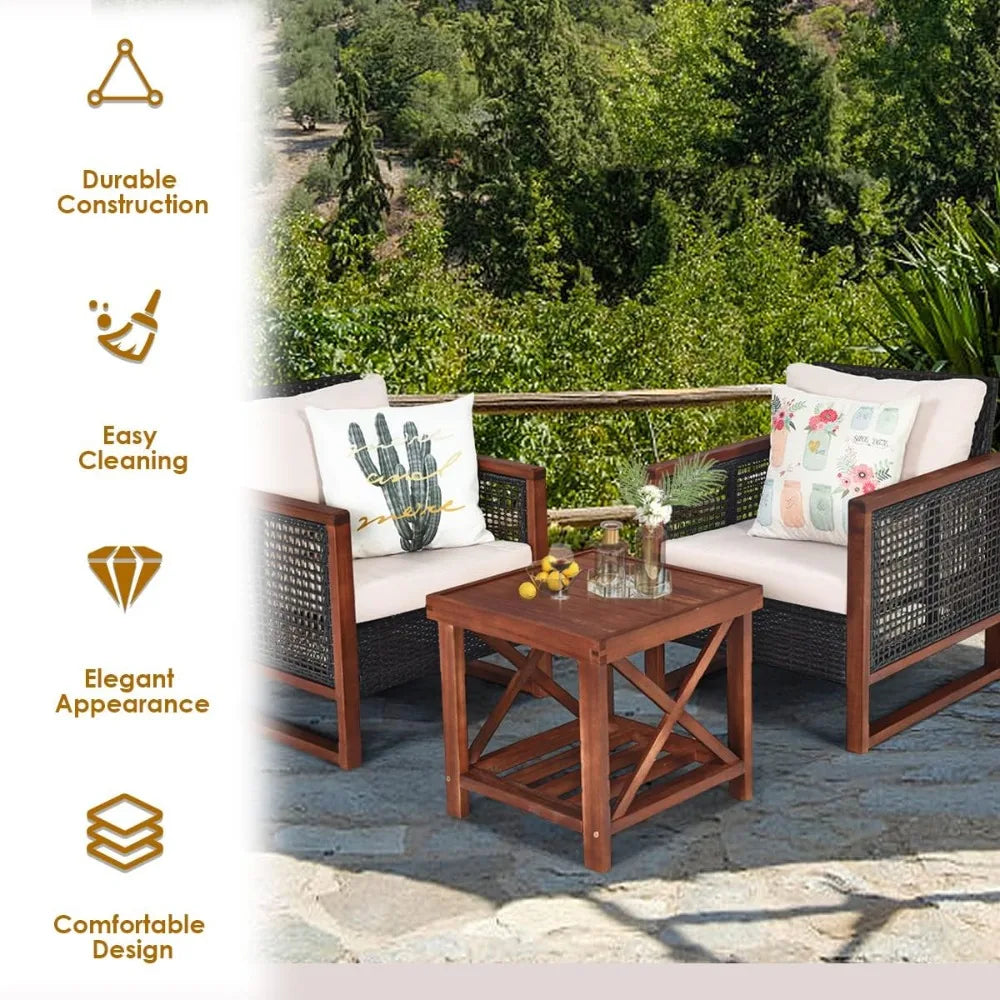Beige Outdoor 3 Piece Wicker Patio Set With Coffee Table