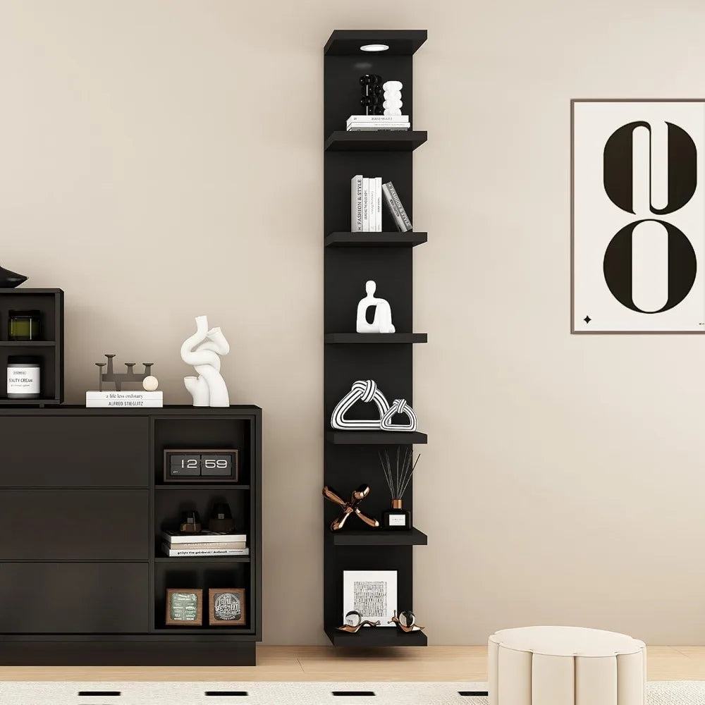 7 Tier Black Lacquer Wall Shelf Unit With LED Remote Light