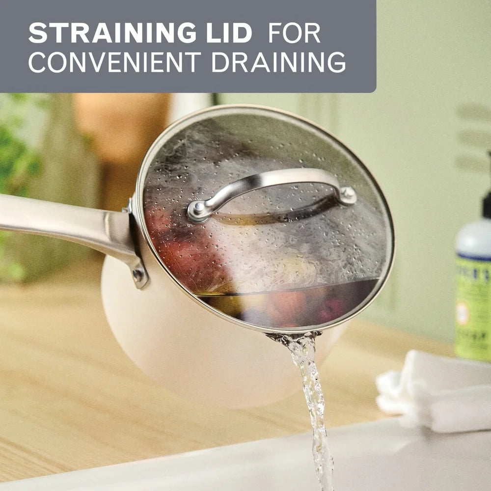 Luster 3-Quart Stainless Steel Straining Saucepan with Lid Dishwasher Safe Oven Safe Heat Conductive Aluminum Modern Cookware