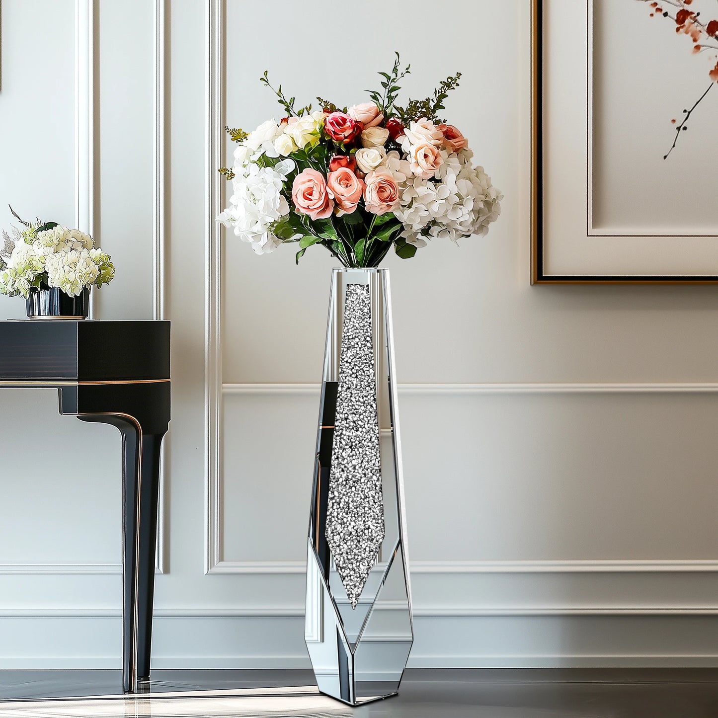Tall Floor Vase With Crushed Diamond Mirror Centerpiece