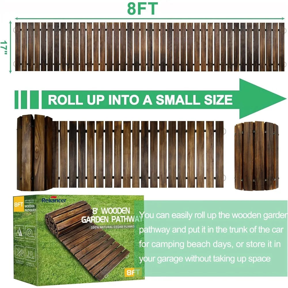 RELIANCER 8' Wooden Garden Pathway,Outdoor Roll Out Cedar Straight Walkway,Patio Path Decorative Garden Boardwalk Walkways,Weath