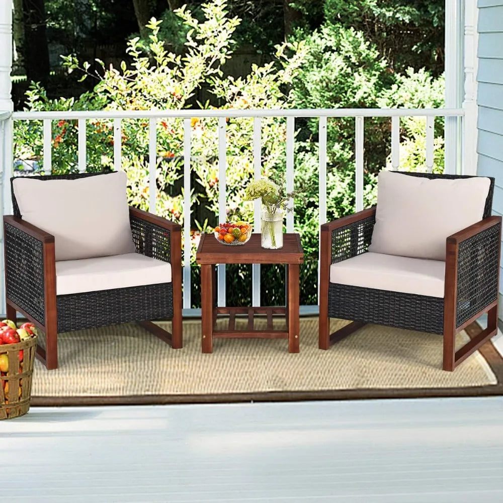 Beige Outdoor 3 Piece Wicker Patio Set With Coffee Table