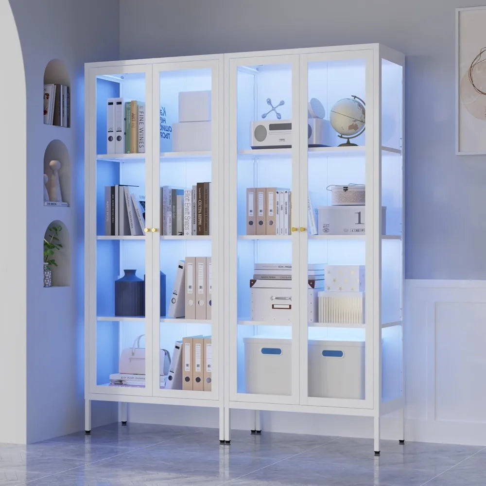 Glass Display Cabinet With Led Lights White Curio 66