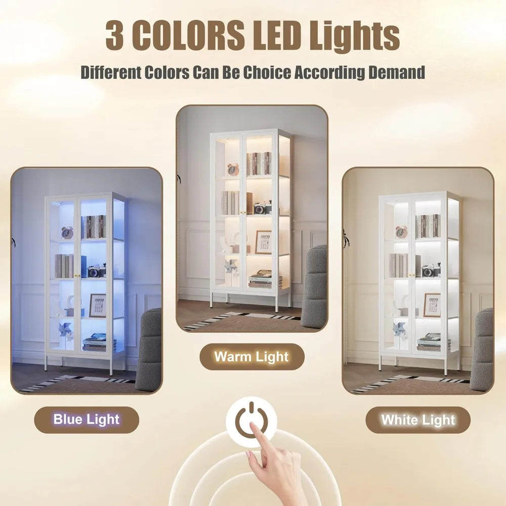 Glass Display Cabinet With Led Lights White Curio 66