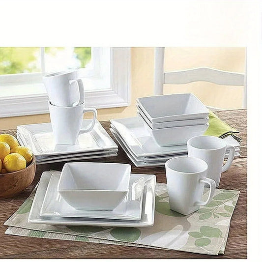 Square Porcelain Dinnerware 16 Piece White Oven Safe 450F