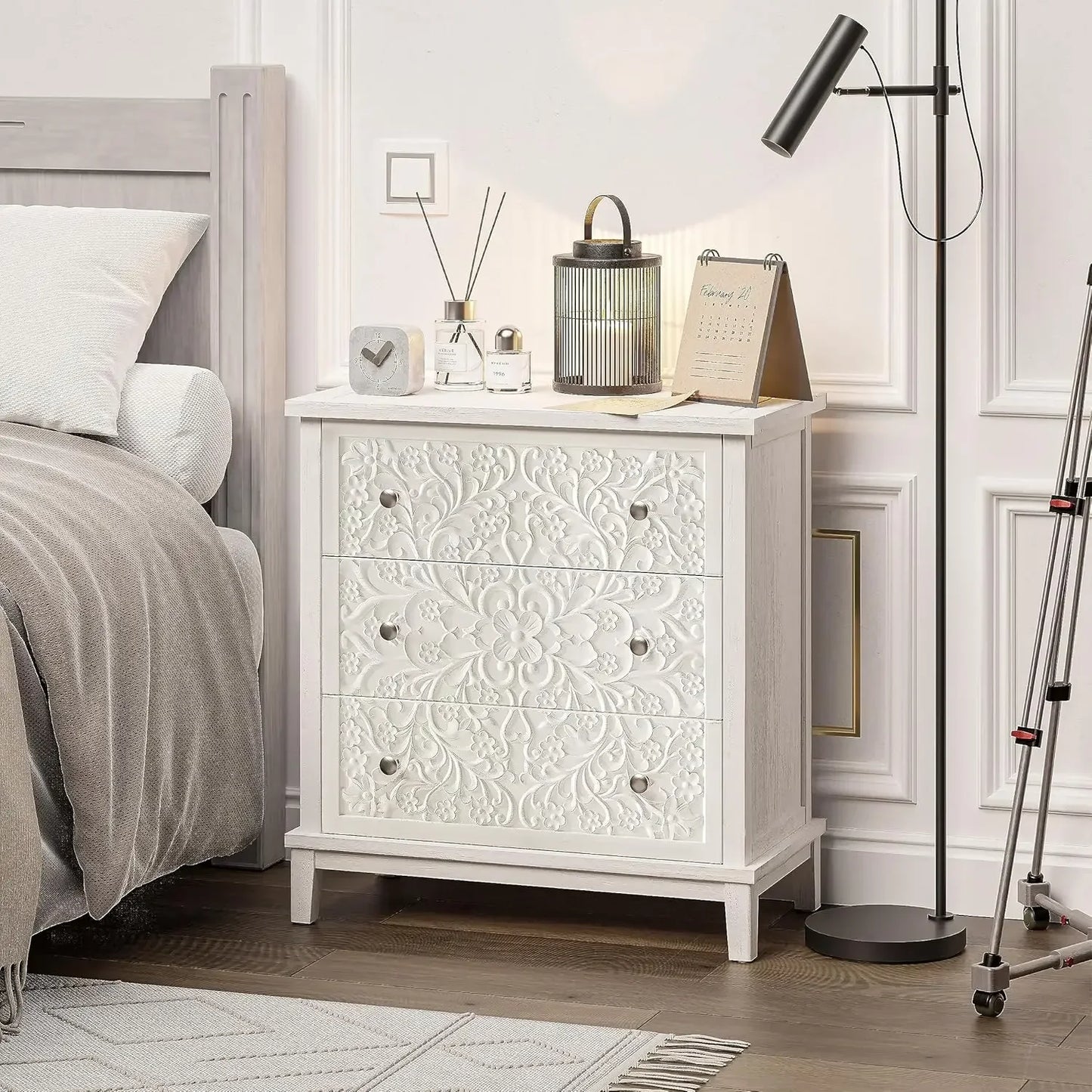 Three Drawer Farmhouse Flower Motif Dresser White Washed