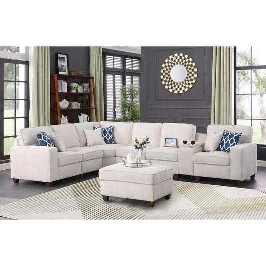 127" L-Shaped Sectional Couch with Movable Ottoman & 6 Throw Pillows,7 Seat Chenille Upholstered Sofa W/2 Cup Holder,USB Port &