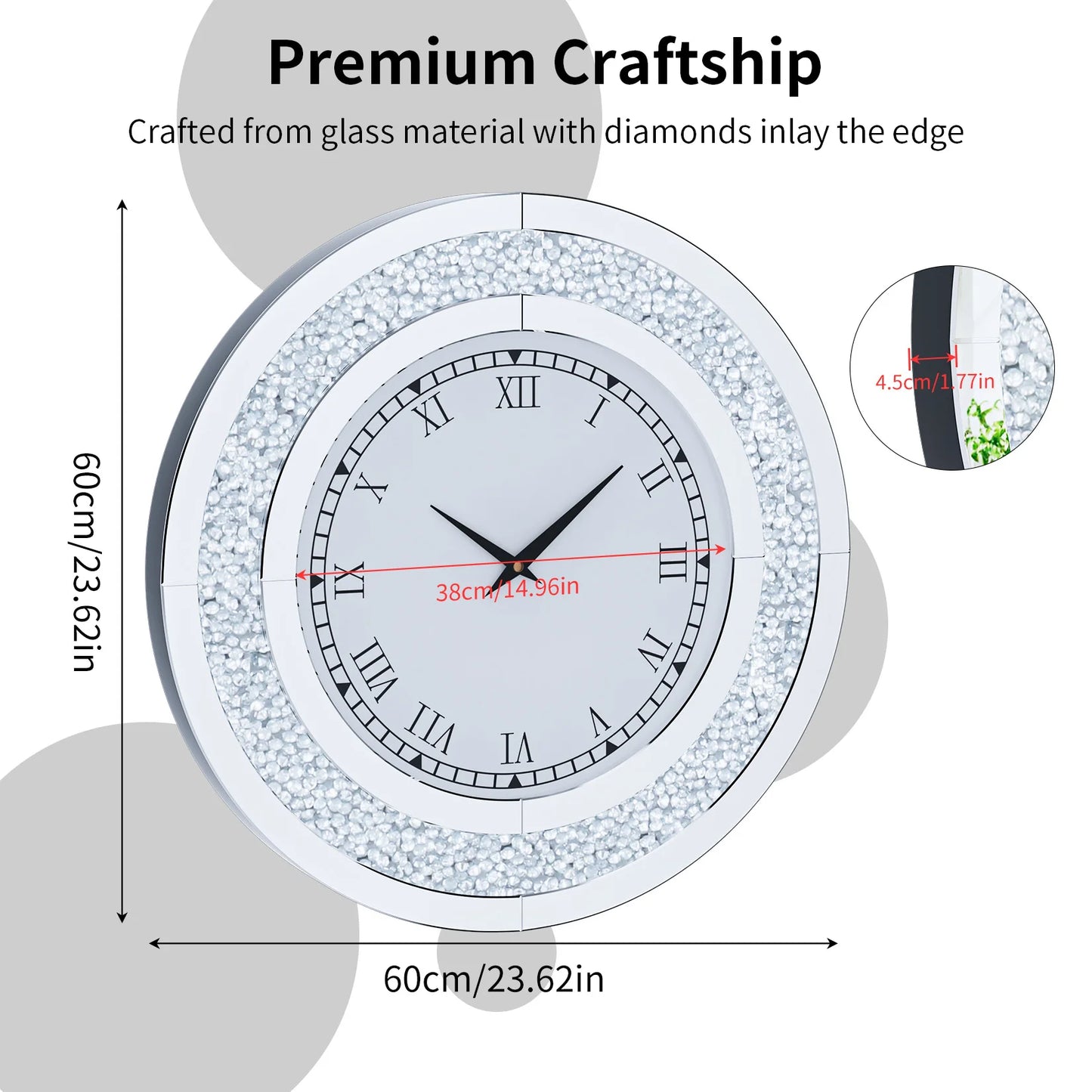 Silver Round Mirror Clock Bling Glam Wall Decor Sparkle 80cm