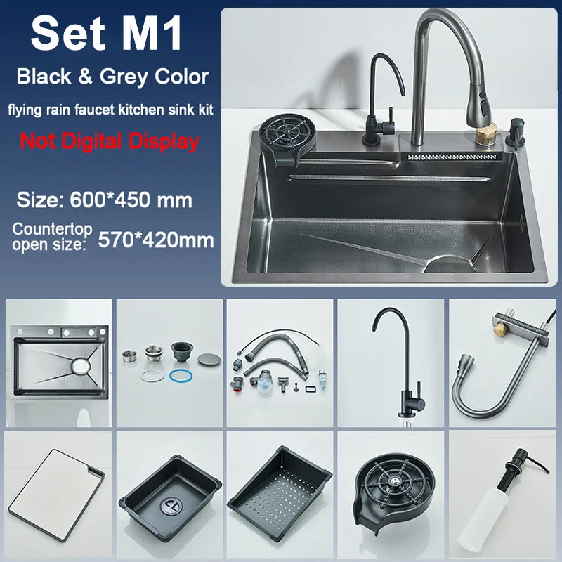 Single Bowl Kitchen Sink Stainless Steel Rainfall Faucet