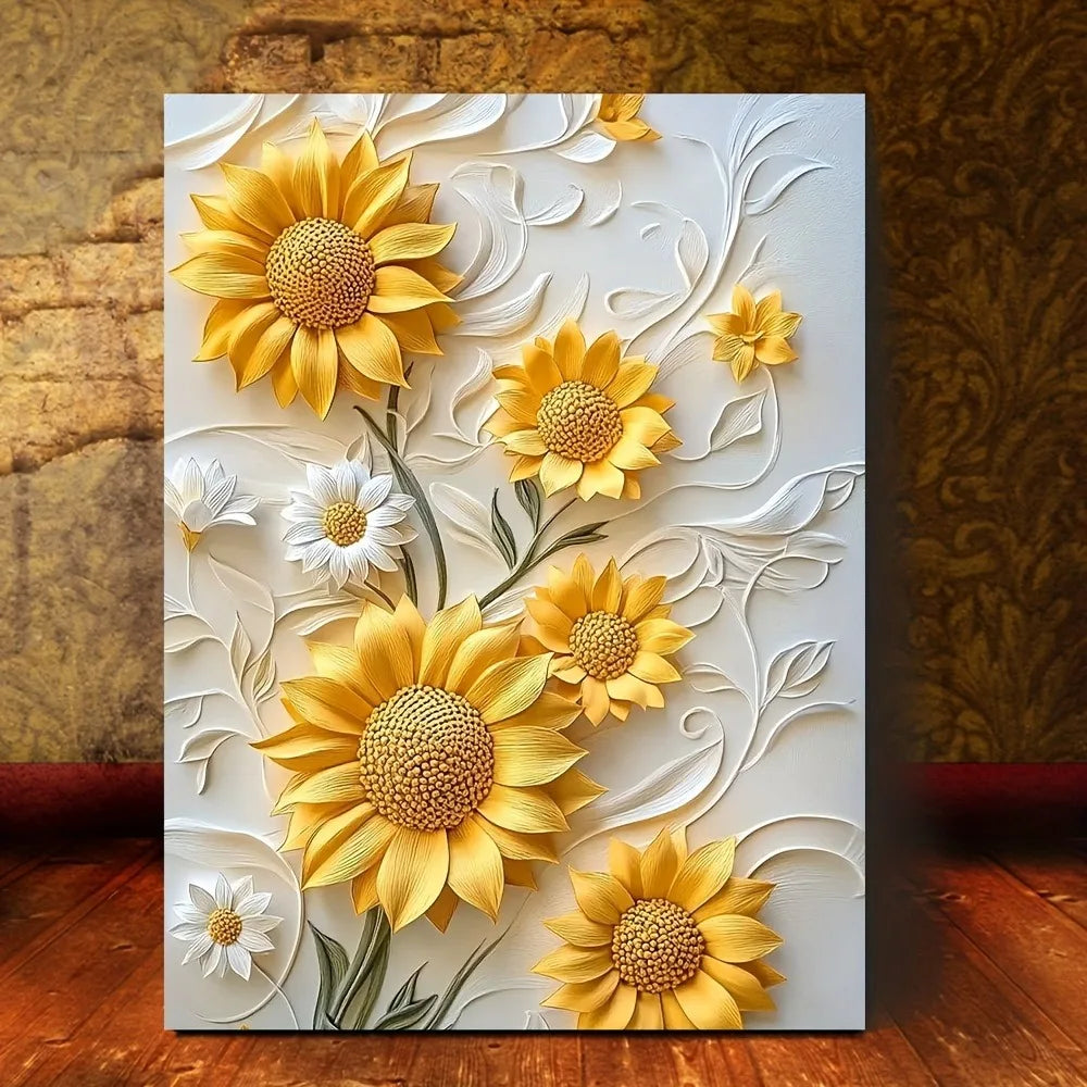 3D Relief Sunflower Canvas Art With Wood Frame Wall Decor