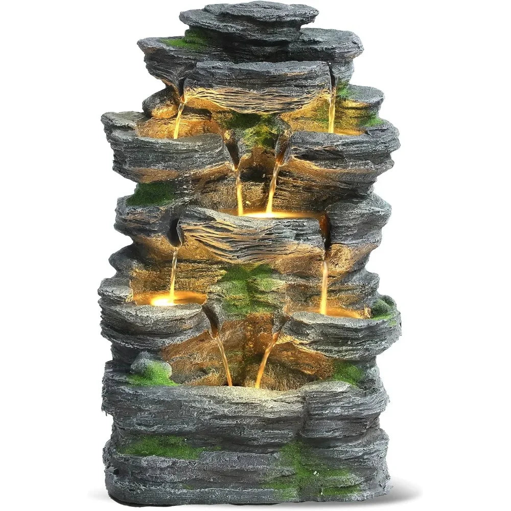 7 Tier Cascading Rock Waterfall Fountain With LED Lights