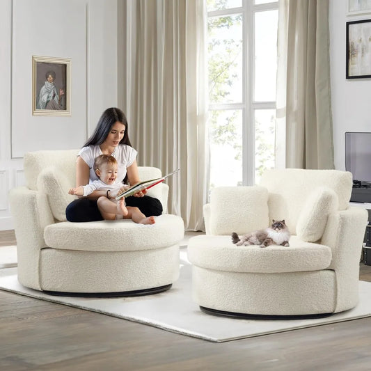 Swivel Barrel Accent Chair Set of 2, 40'' W Teddy Oversized Round Chair, 360° Rotating Modern Upholstered Armchair, Comfy Single