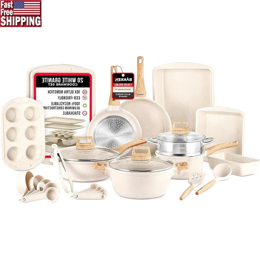 20-Piece Granite Non-Stick Cookware Set Eco-Friendly Kitchen Essential All Stoves Oven-Safe Durable Heat Distribution Easy Clean
