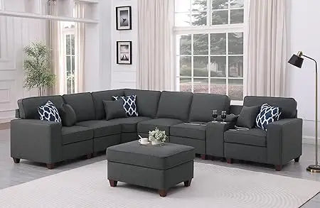 127" L-Shaped Sectional Couch with Movable Ottoman & 6 Throw Pillows,7 Seat Chenille Upholstered Sofa W/2 Cup Holder,USB Port &