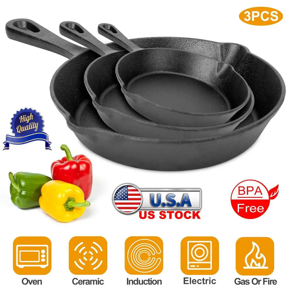 Three Piece Preseasoned Cast Iron Skillet Set 6 Inch 8 Inch 10 Inch Nonstick Oven Safe Cookware